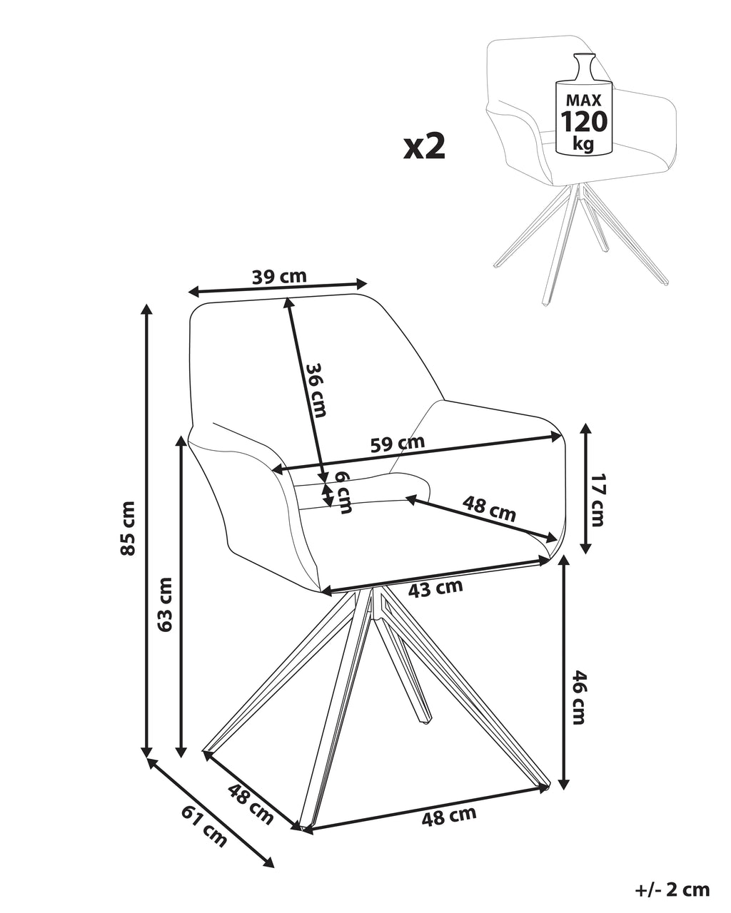 Lot de 2 chaises de salle à manger en tissu écru avec accoudoirs